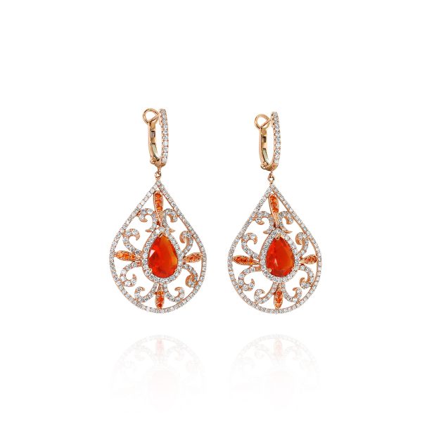 Fire Opal and Diamond Chandelier Earrings
