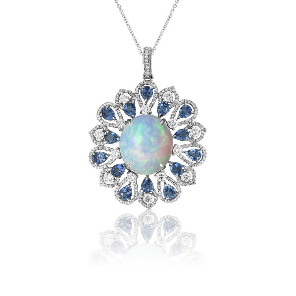 White Opal, Santa Maria Aquamarine, and Diamond Pendant