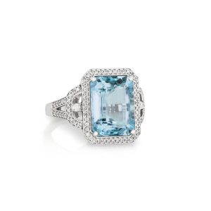 Emerald-Cut Aquamarine and Diamond Ring