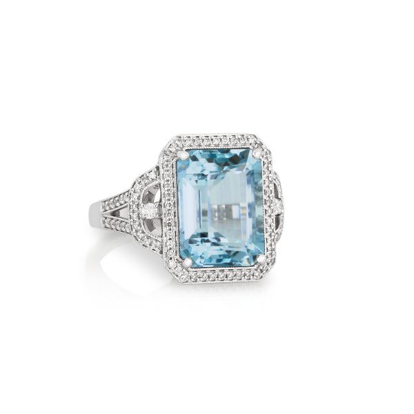Emerald-Cut Aquamarine and Diamond Ring