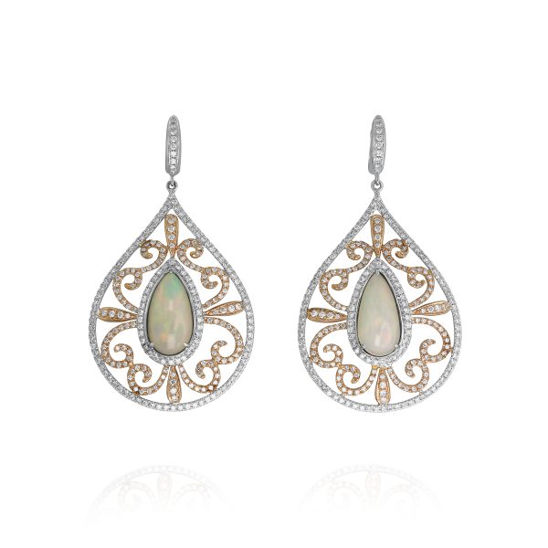 White Opal and Diamond Drop Earrings