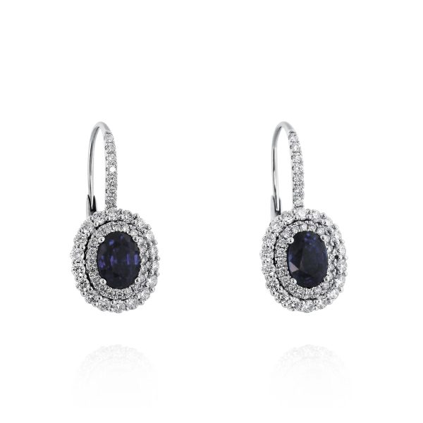 Oval Blue Sapphire Double Halo Earrings - Image 2