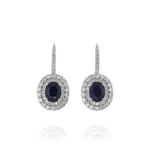 Oval Blue Sapphire Double Halo Earrings