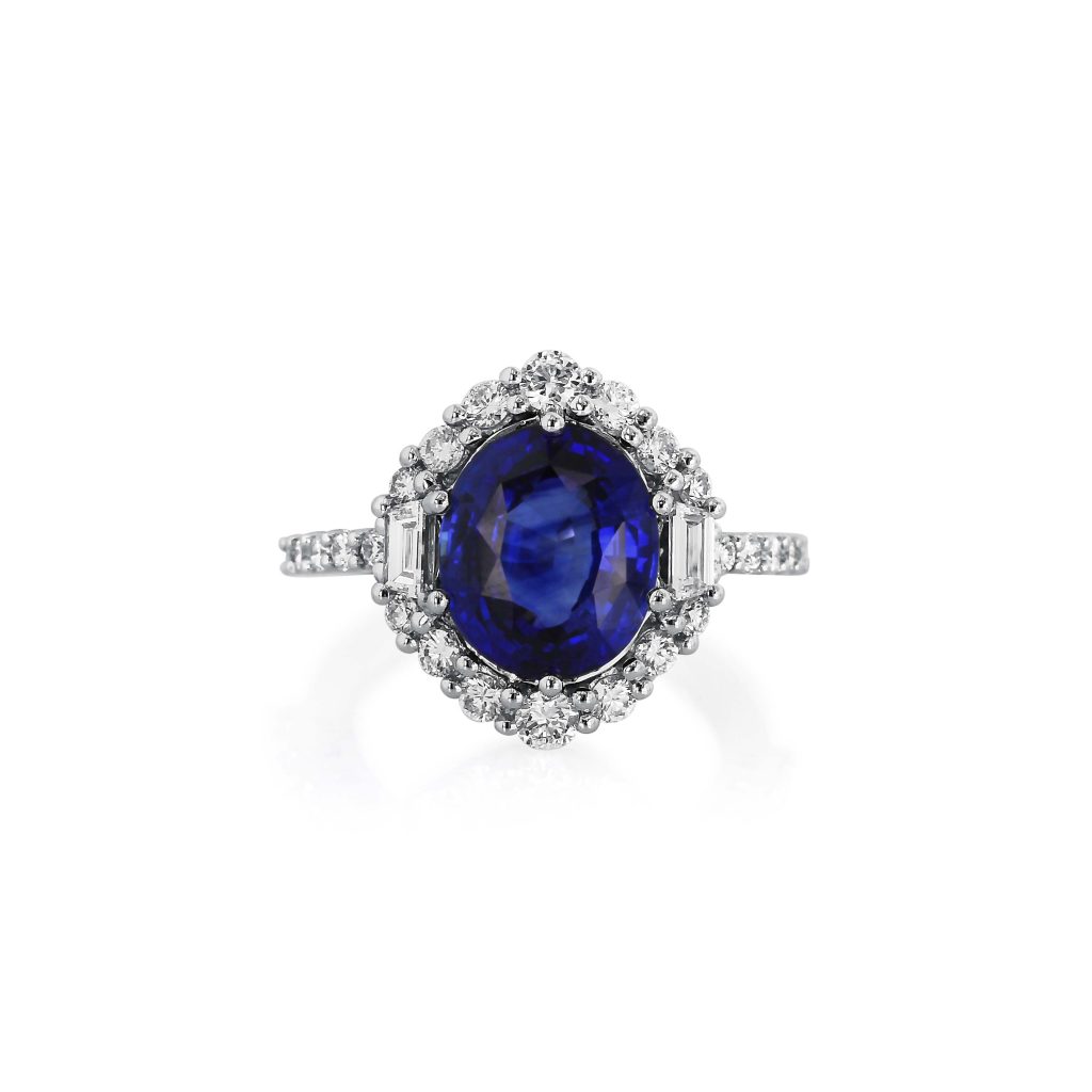 Royal Blue Sapphire and Trapezoid Diamond Ring