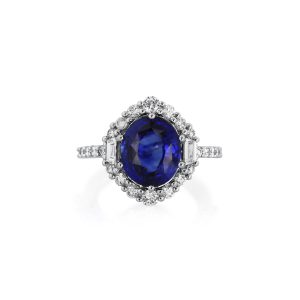 Royal Blue Sapphire and Trapezoid Diamond Ring