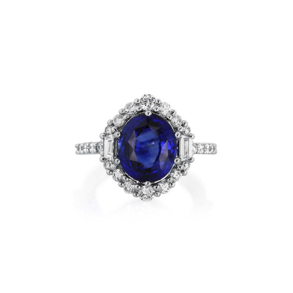Royal Blue Sapphire and Trapezoid Diamond Ring