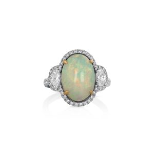 Oval White Opal and Diamond Three-Stone Ring