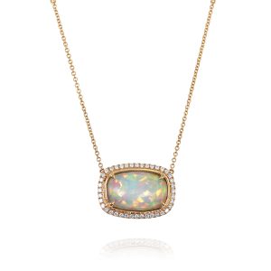 Re angular White Opal and Diamond Halo Necklace