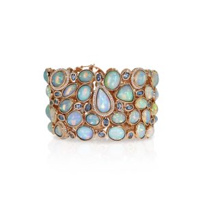 White Opal, Santa Maria Aquamarine, and Diamond Cuff Bracelet