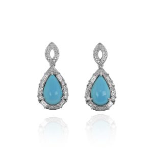 Pear Turquoise Drop Earrings with Baguette Diamonds