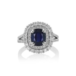 Cushion Blue Sapphire Double Halo Ring