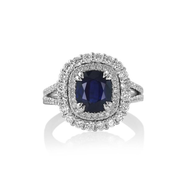 Cushion Blue Sapphire Double Halo Ring