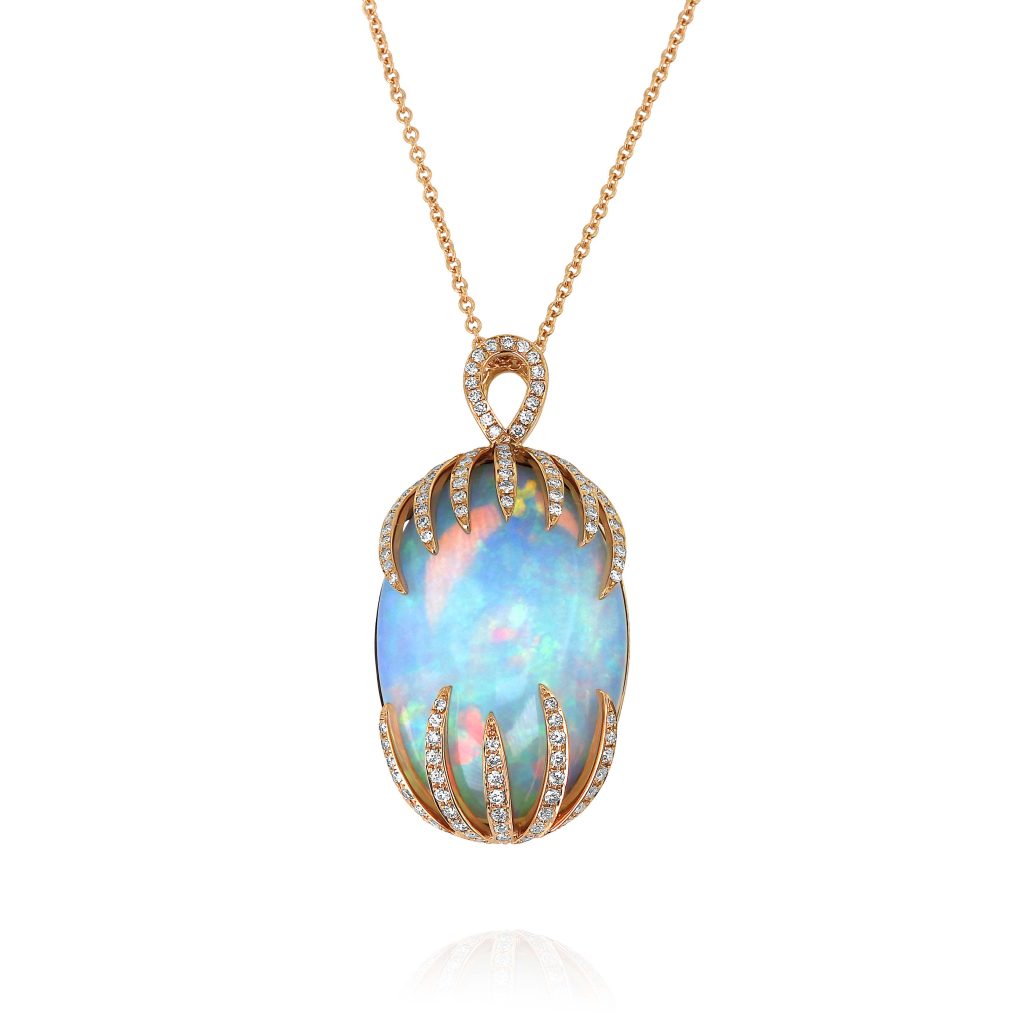 Oval White Opal and Diamond Pendant