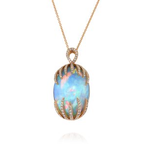 Oval White Opal and Diamond Pendant