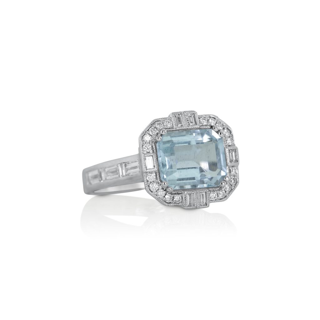 Emerald-Cut Aquamarine and Diamond Ring
