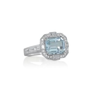 Emerald-Cut Aquamarine and Diamond Ring