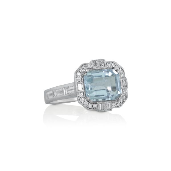 Emerald-Cut Aquamarine and Diamond Ring