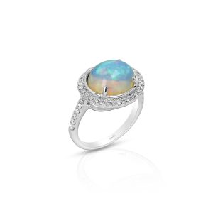 Oval White Opal and Diamond Ring