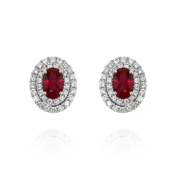 Oval Ruby Double Halo Stud Earrings