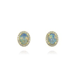 Oval White Opal and Diamond Stud Earrings
