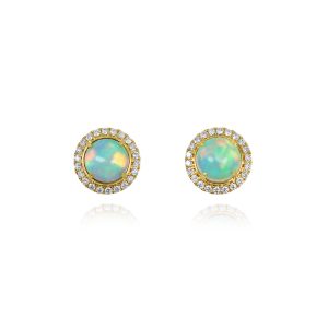 Round White Opal and Diamond Stud Earrings