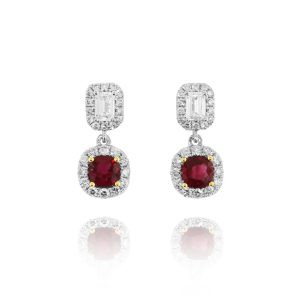 Cushion Ruby & Baguette Diamond Dangle Earrings