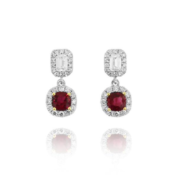 Cushion Ruby & Baguette Diamond Dangle Earrings