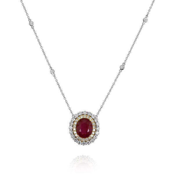 Oval Ruby Necklace with Double Diamond Halo - Image 2