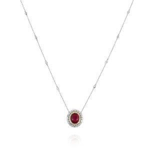 Oval Ruby Necklace with Double Diamond Halo