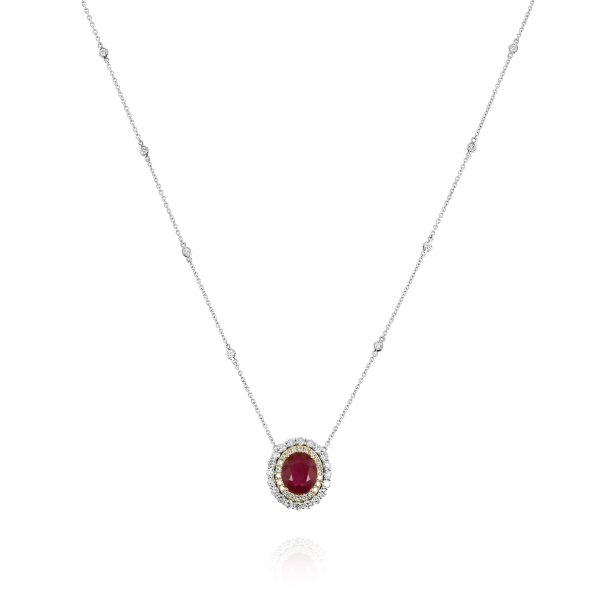 Oval Ruby Necklace with Double Diamond Halo
