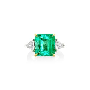 Emerald Cut Emerald and Trillion Diamond Ring