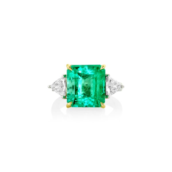 Emerald Cut Emerald and Trillion Diamond Ring