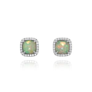 Cushion White Opal and Diamond Stud Earrings