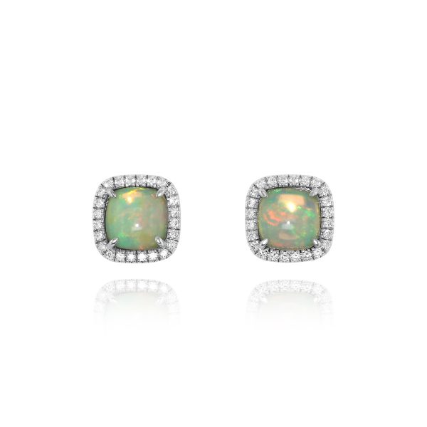 Cushion White Opal and Diamond Stud Earrings