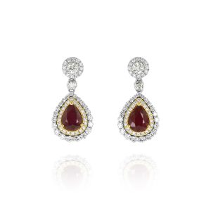 Pear Ruby and Diamond Halo Drop Earrings