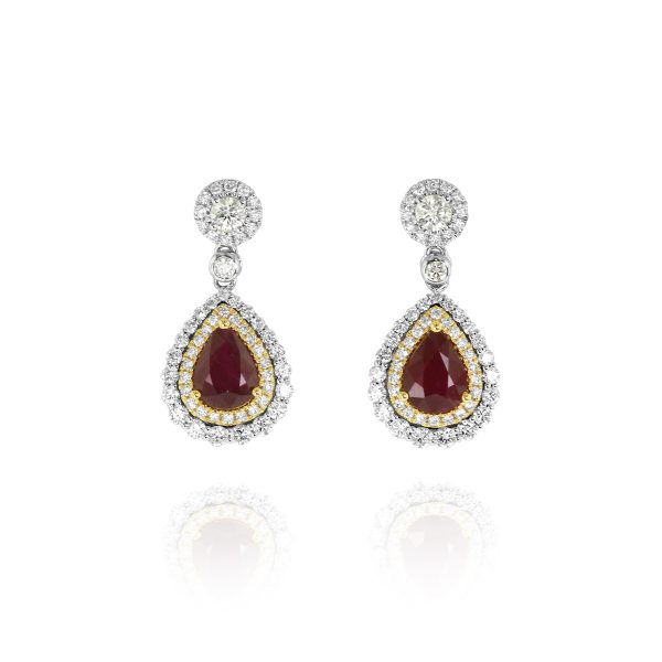 Pear Ruby and Diamond Halo Drop Earrings