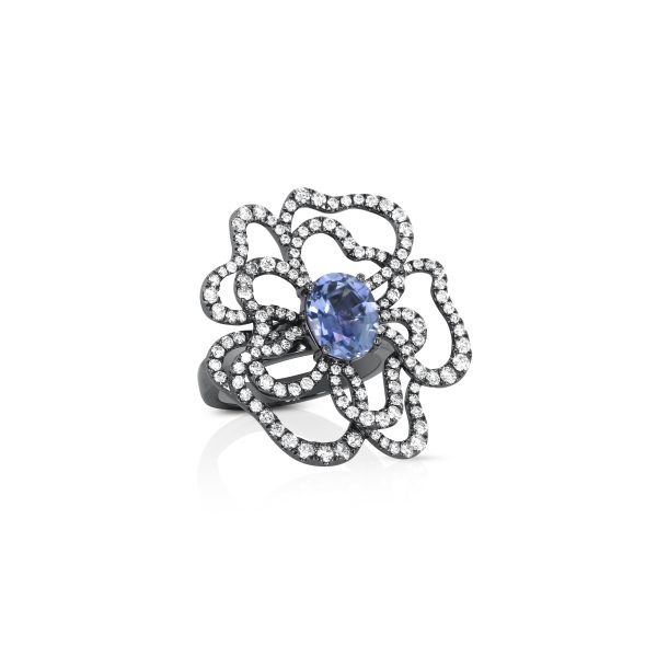 Black Gold Blue Sapphire Flower Ring - Image 2