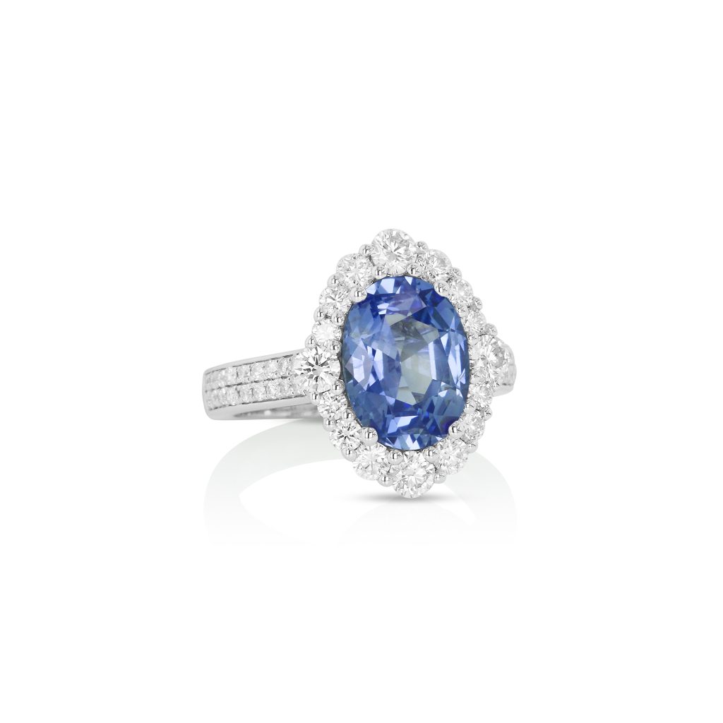 Platinum Blue Sapphire and Diamond Halo Ring