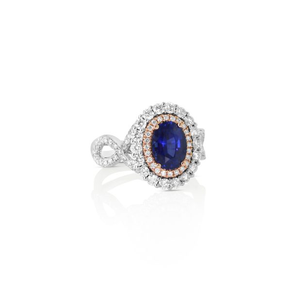 Oval Blue Sapphire and Diamond Halo Ring - Image 2