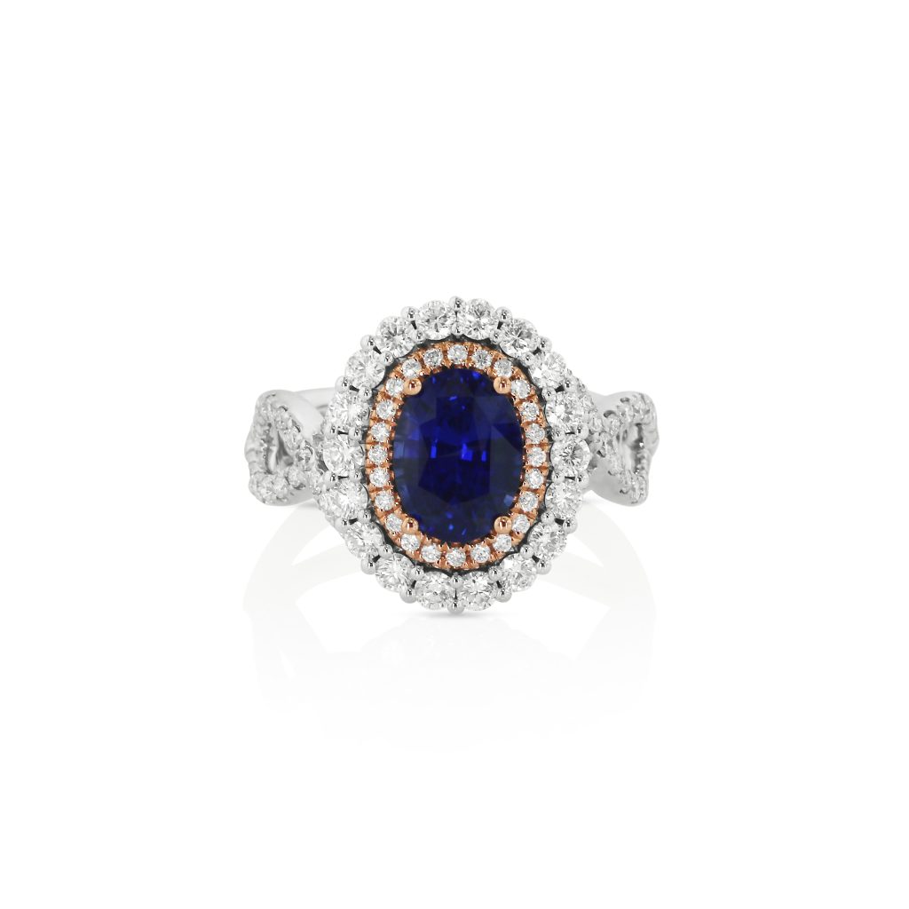 Oval Blue Sapphire and Diamond Halo Ring