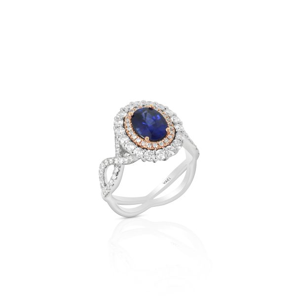Oval Blue Sapphire and Diamond Halo Ring - Image 3