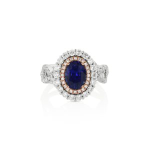 Oval Blue Sapphire and Diamond Halo Ring
