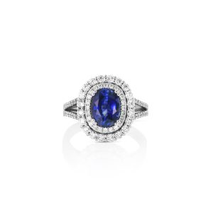 Oval Blue Sapphire Double Halo Ring