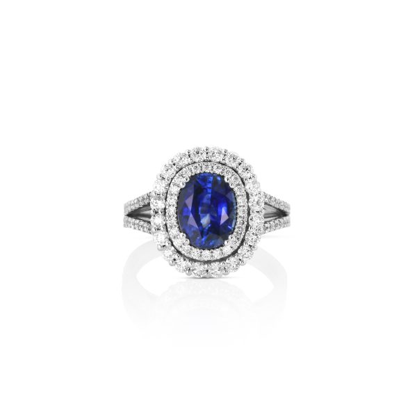 Oval Blue Sapphire Double Halo Ring
