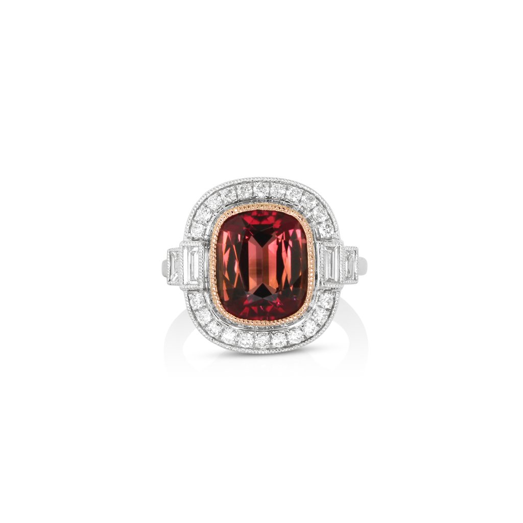 Emerald Cut Red Tourmaline Diamond Ring