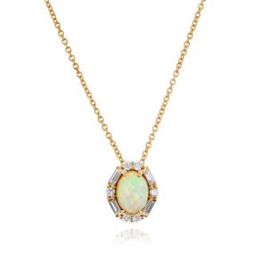 Oval White Opal and Diamond Pendant