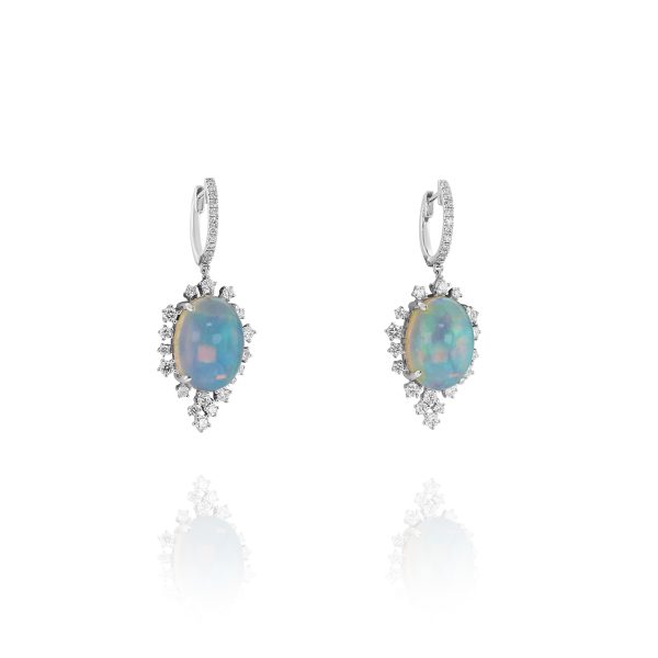 Oval White Opal and Diamond Drop Earrings - Image 2