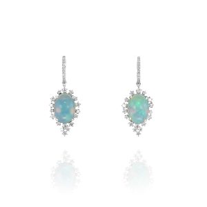 Oval White Opal and Diamond Drop Earrings