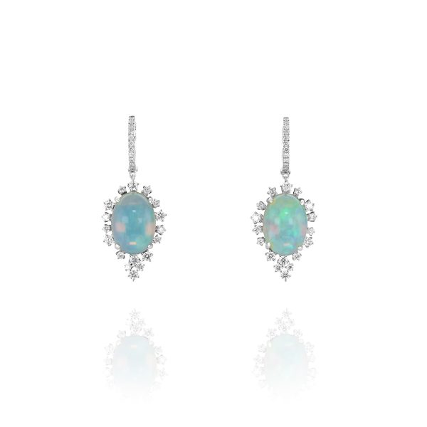 Oval White Opal and Diamond Drop Earrings