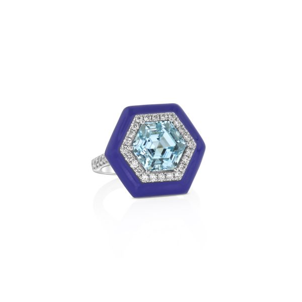 Hexagon Aquamarine Blue Enamel Ring - Image 2
